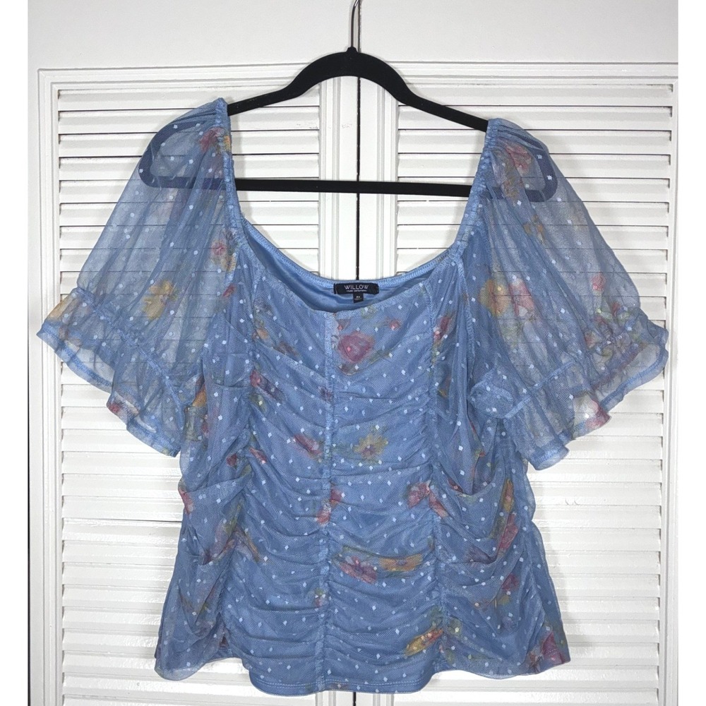 Fairycore Willow Blue Floral Mesh Flare Sleeve Blouse Romantic Coquette Top 2X